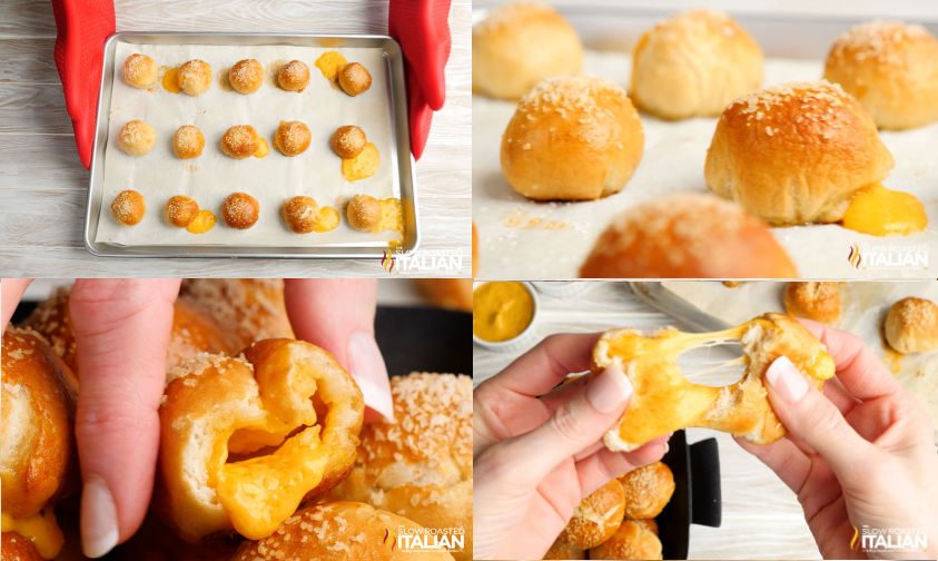 collage: baked cheese stuffed pretzels