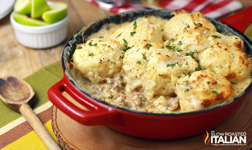 sausage gravy and drop biscuits in skillet