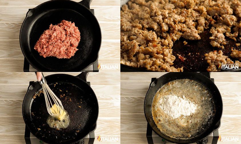 photo collage: sausage fried in skillet and removed, add butter to skillet, add flour to skillet