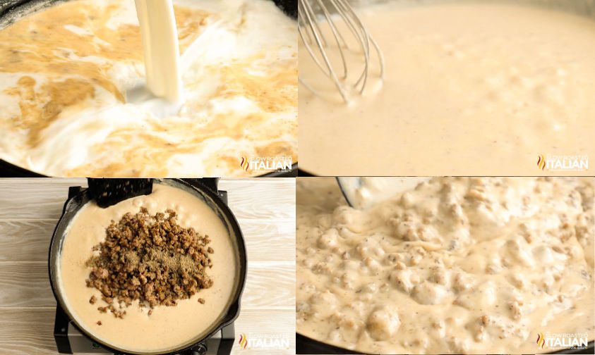 photo collage: add milk to skillet, whisk until thickened, add sausage and stir
