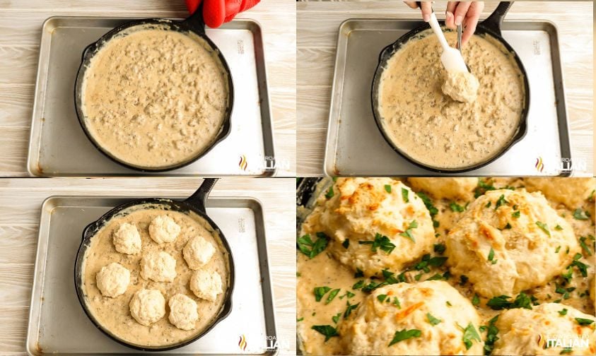 photo collage: place skillet on baking pan, drop biscuits into sausage gravy, pan filled with biscuits and finished skillet.