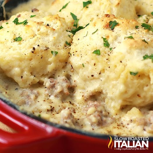 drop biscuits and sausage gravy in skillet