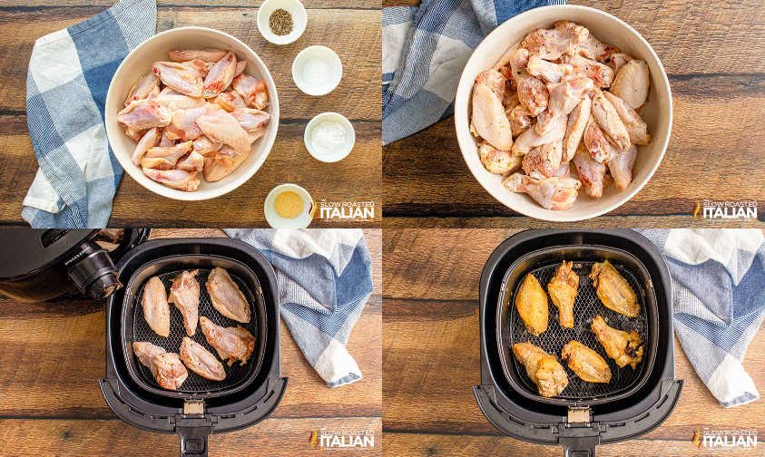 photo collage: wings in bowl with ingredients, in air fryer and cooked