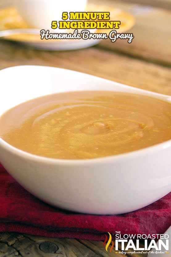 brown gravy in white bowl