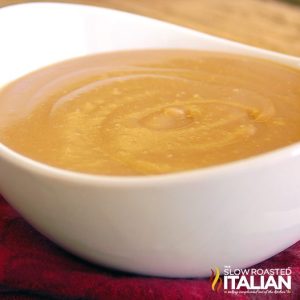 brown gravy in a bowl