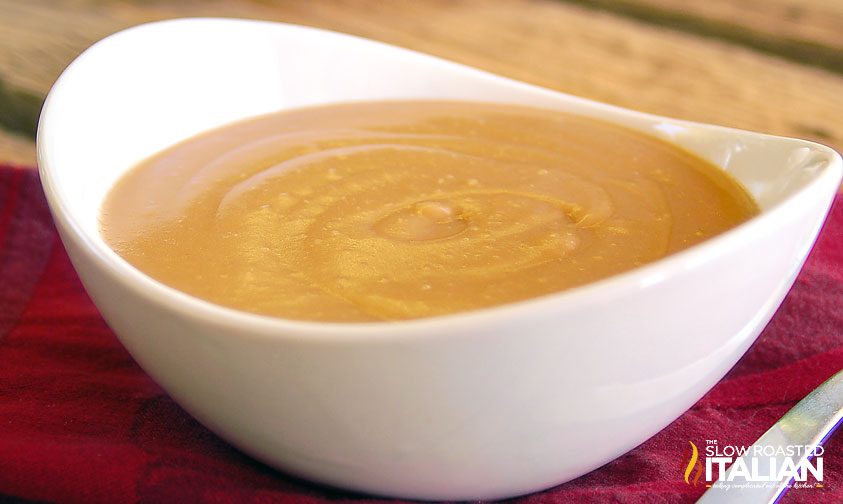 brown gravy in white bowl