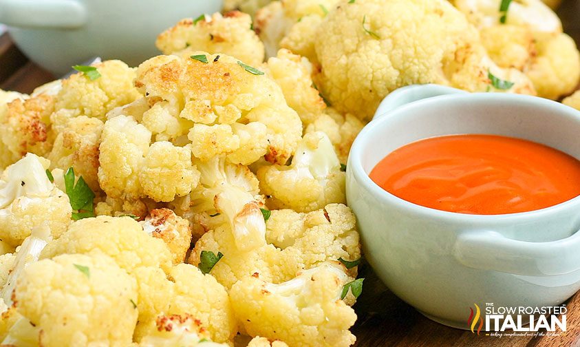 Air Fryer Cauliflower with a bowl of dipping sauce