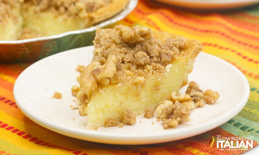 piece of buttermilk pie with streusel topping on plate