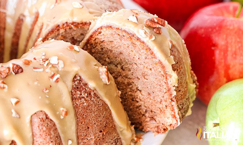 apple bundt cake with slice taken out