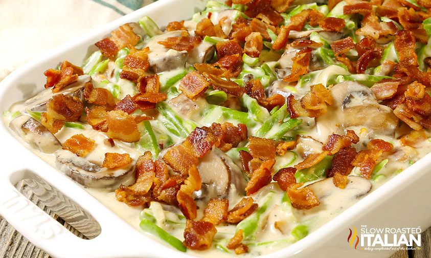 casserole dish of Cheesy Bacon Green Bean Casserole