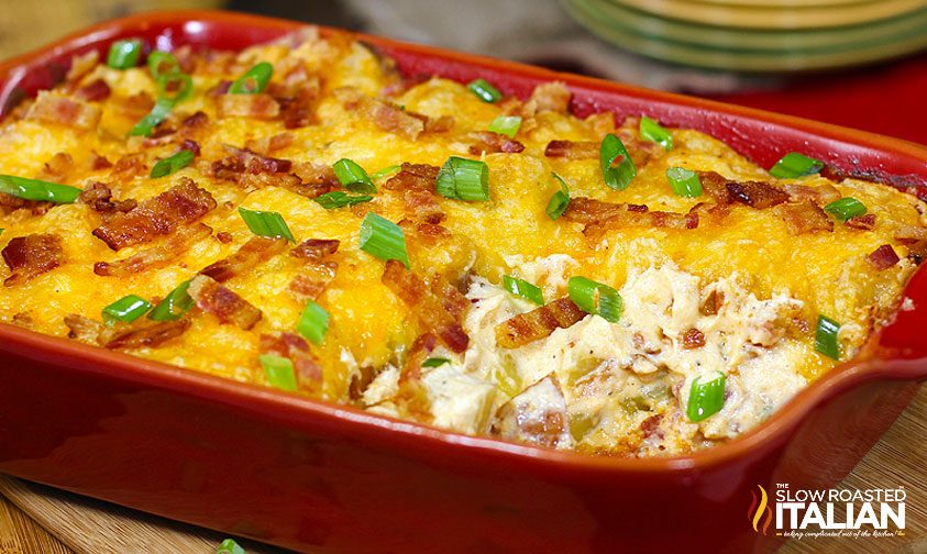 casserole dish of Cheesy Potato Casserole