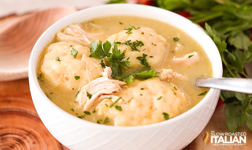 crockpot chicken and bisquick dumplings in bowl