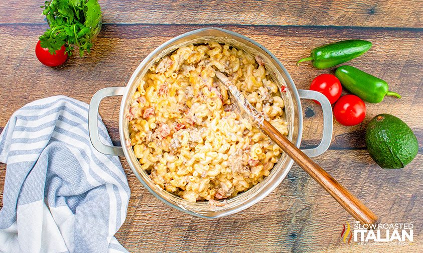 mac and cheese in pan mixed up