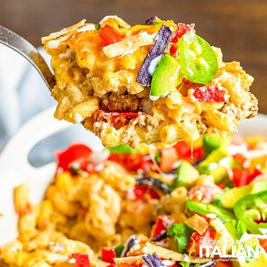 loaded taco mac and cheese close up