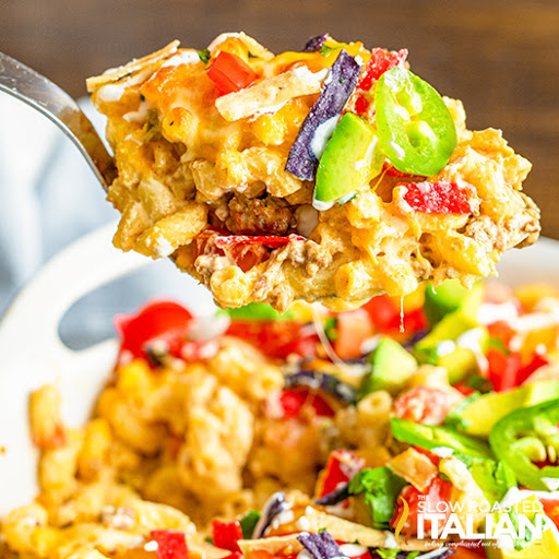 loaded taco mac and cheese close up