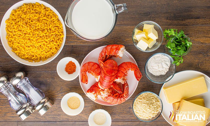 lobster mac and cheese ingredients on wood backdrop