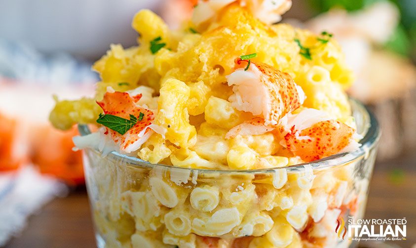 seafood mac and cheese in glass bowl