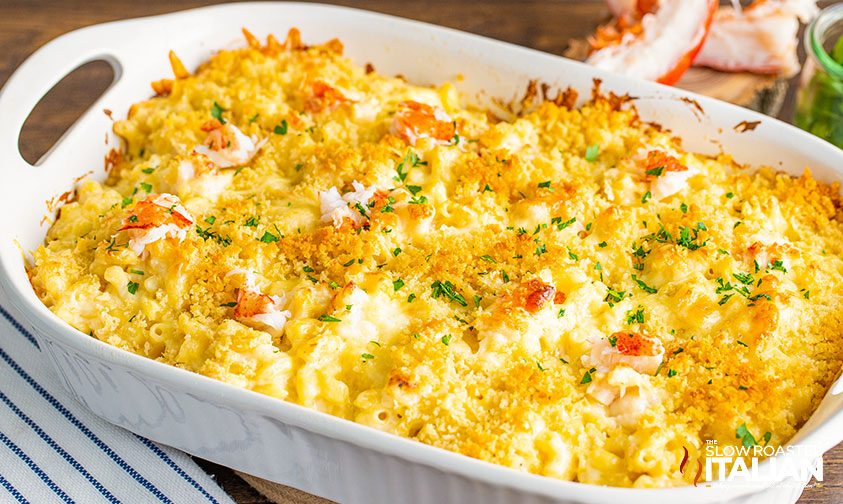 lobster mac and cheese in white casserole dish
