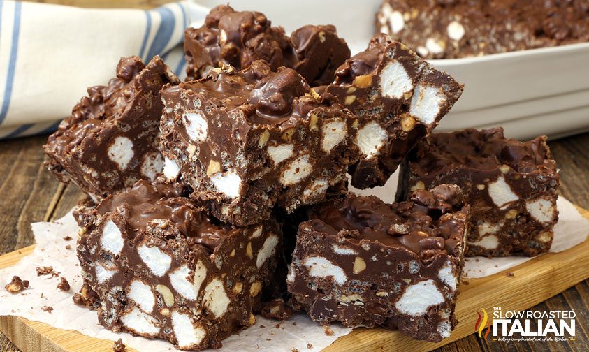a pile of No-Bake Rocky Road Avalanche Bars