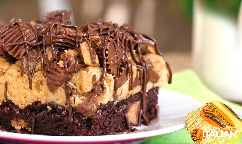 close up of brownie with peanut butter frosting