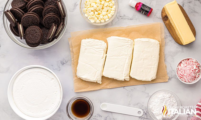 ingredients for peppermint cheesecake on parchment