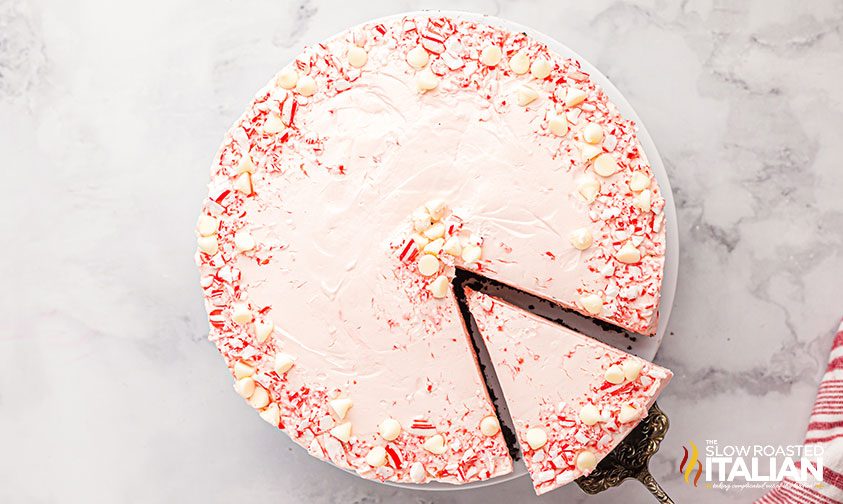 peppermint cheesecake with slice taken out