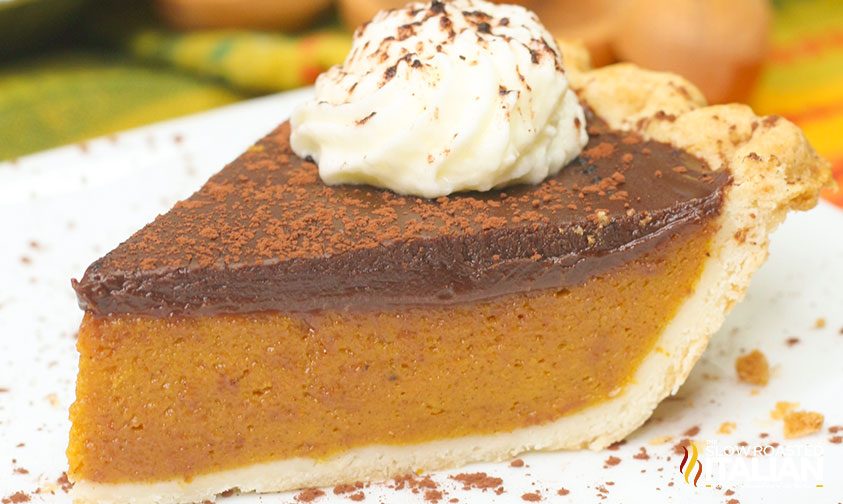 Pumpkin Pie with Chocolate Ganache with whipped cream on top
