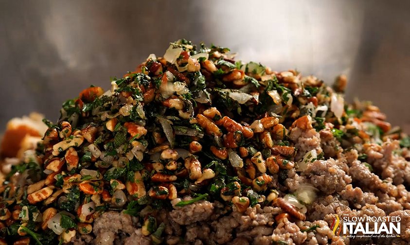 stuffing mixture in pan before being mixed
