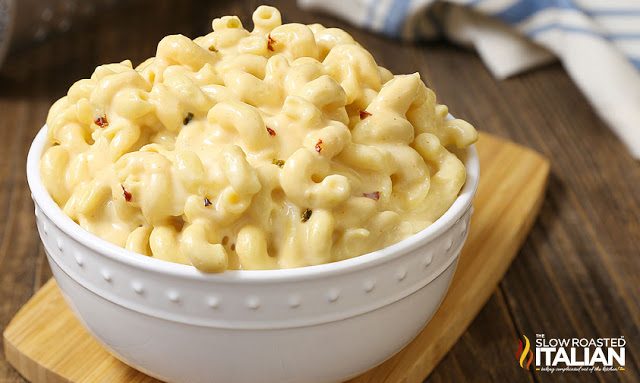 bowl of triple cheesy slow cooker mac and cheese