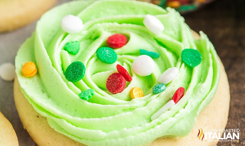 close up of iced circle sugar cookie with sprinkles