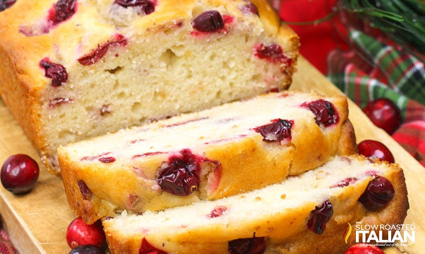 cranberry orange quick bread sliced close up