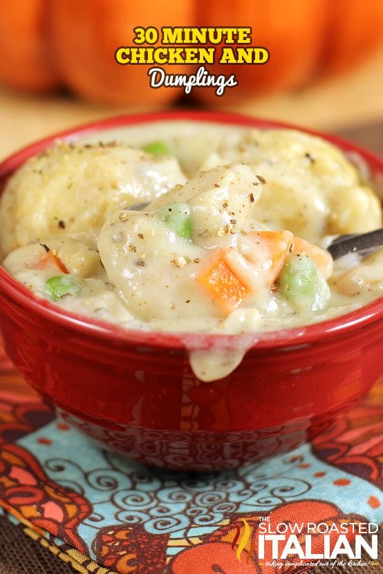 titled (shown in red bowl): 30 minute chicken and dumplings
