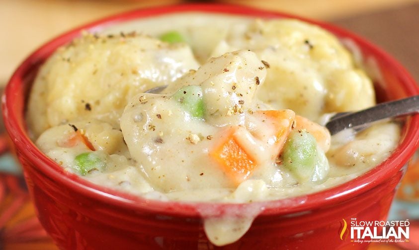 red bowl filled with homemade dumplings with chicken and vegetables