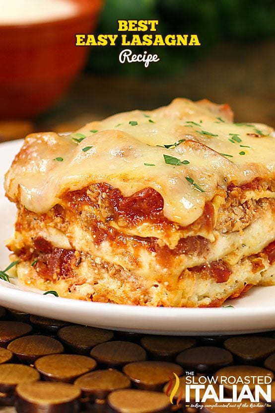 close up of lasagna on white plate