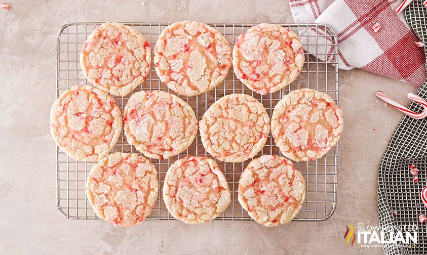 chewy sugar crinkle cookies on drying rack