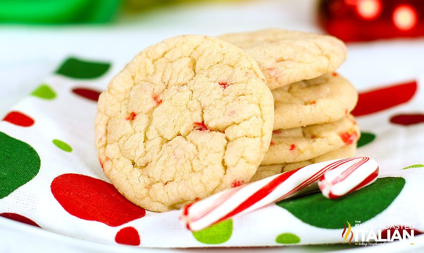 chewy sugar crinkle cookies on Christmas napkin