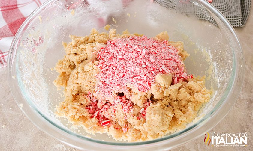 cookie dough with candy cane chunks on top