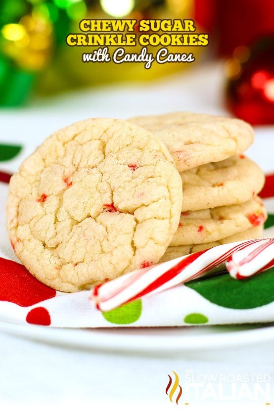 sugar crinkle cookies on Christmas plate with candy cane