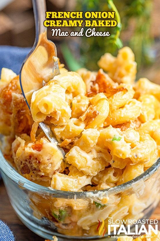 mac and cheese in glass bowl with spoon