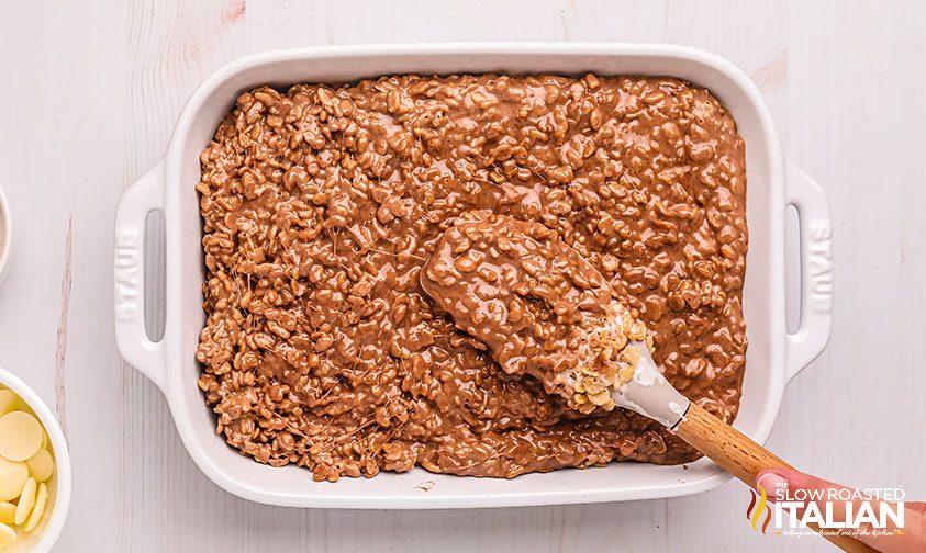 hot cocoa krispies mixture in pan