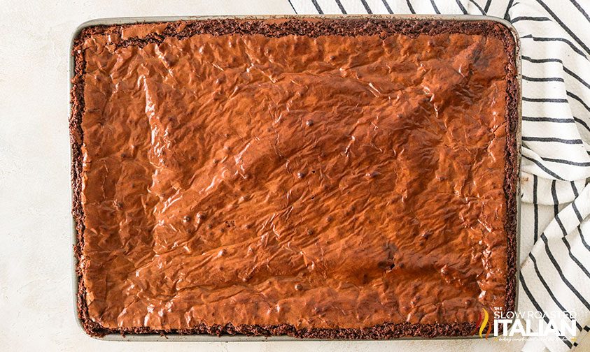 outrageous fudgy brownie in glass pan