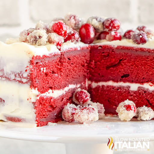 red velvet cake with half cut out