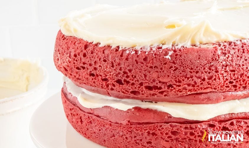 close up of side of red velvet christmas cake