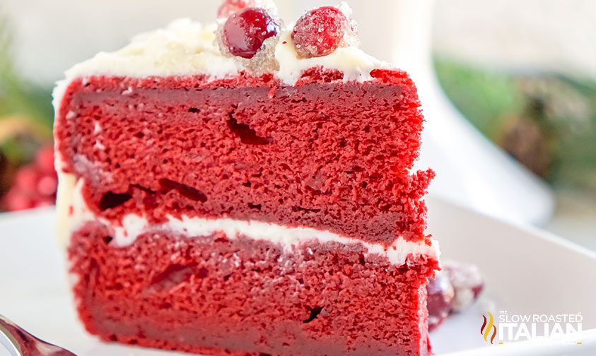 piece of red velvet christmas cake on white plate