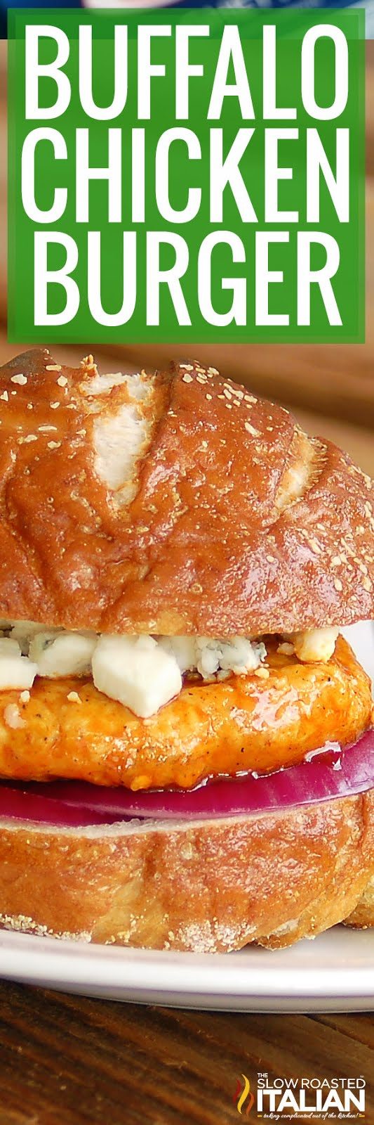titled image for Pinterest (and shown close up): Spicy Buffalo Chicken Burgers