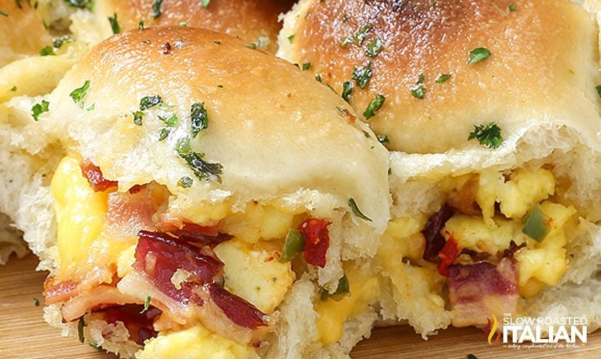close up photo: breakfast stuffed bread with bacon egg and cheese