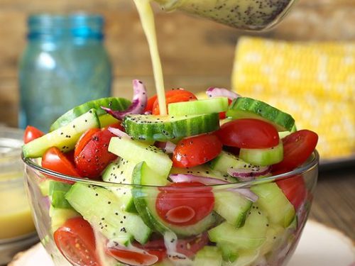 easy dressing for cucumber and tomato salad with Creamy Herb Tomato Cucumber Avocado Salad