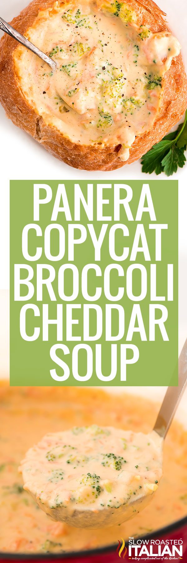 titled photo (and shown in bread bowl): Panera Copycat Broccoli Cheddar Soup