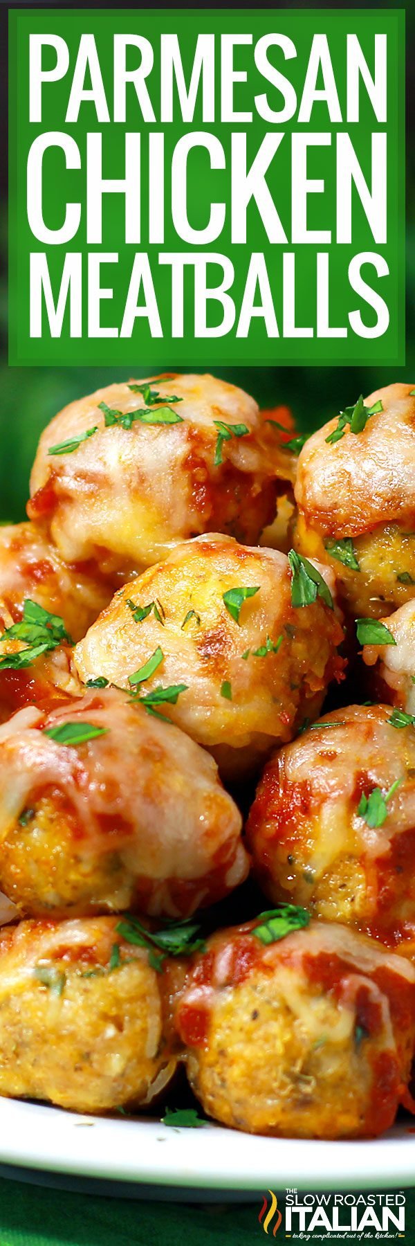 Title text (pictured in a stack): Parmesan Chicken Meatballs Recipe