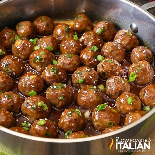 saucy teriyaki meatballs in skillet